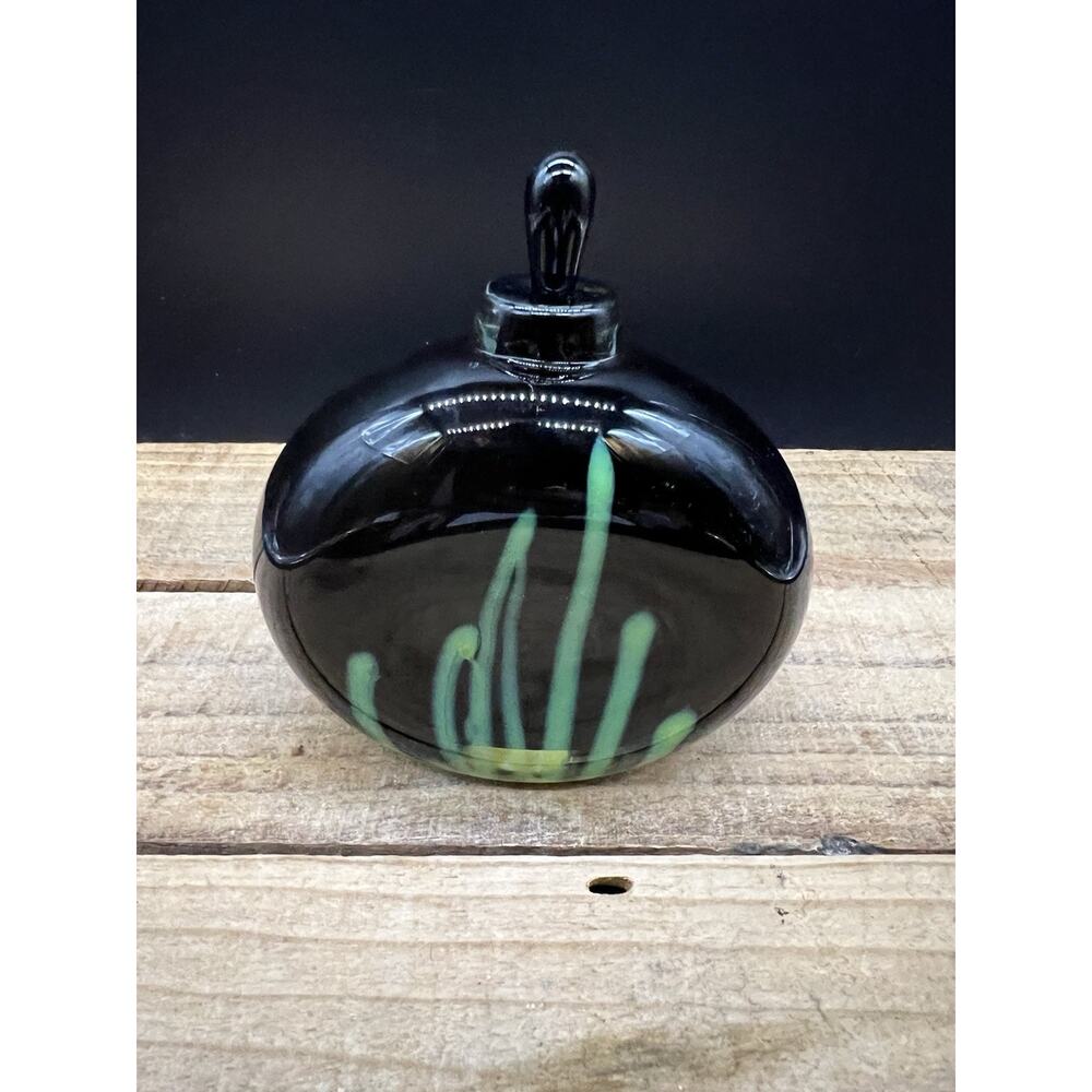 Signed Fellerman Art Glass Black Perfume with Black Dauber 1984 Green Streaks